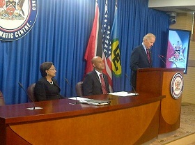 (l-r) Prime Minister Persad-Bissessar, President Martelly, VP Biden